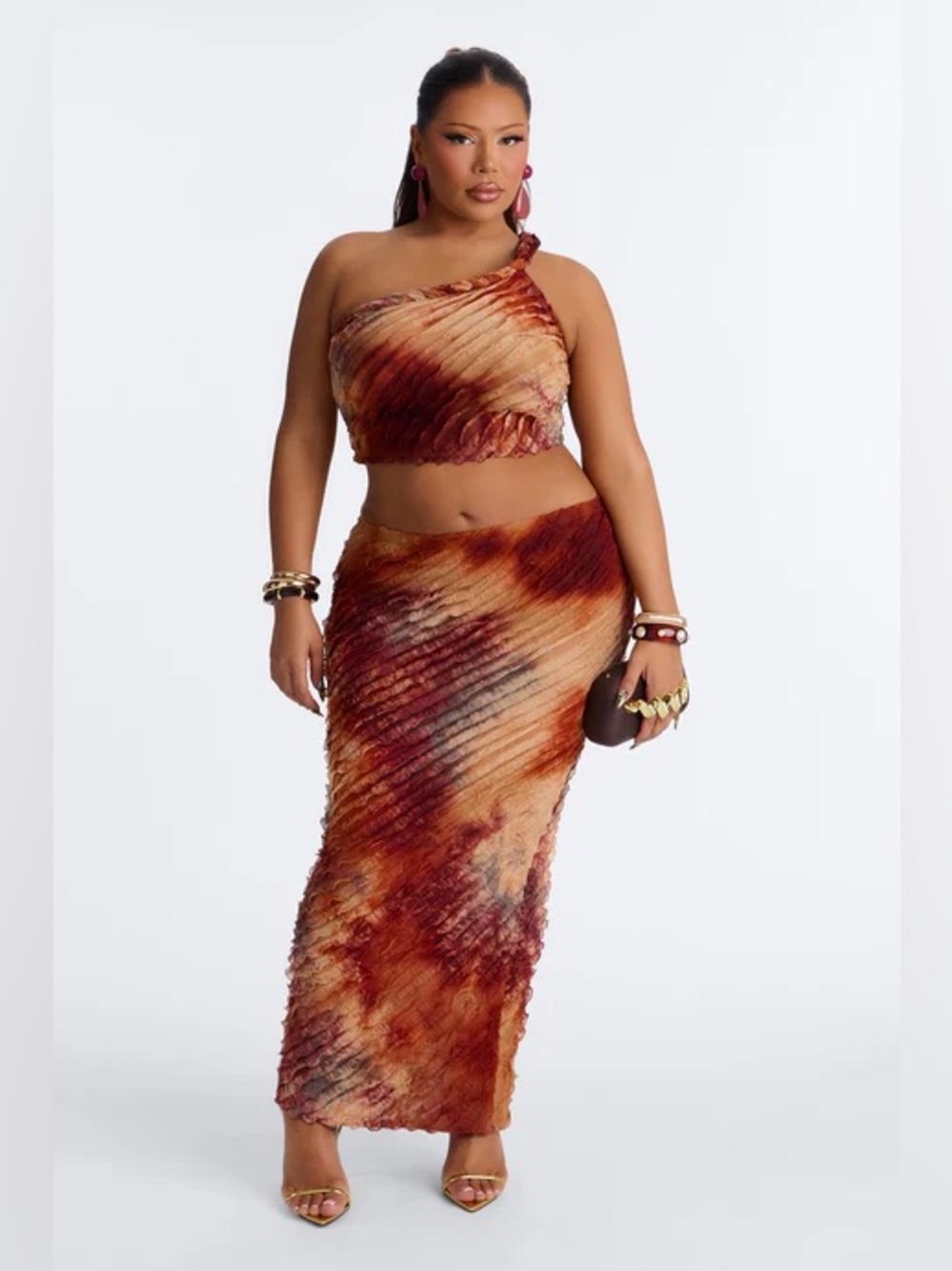 Fashion Nova Rust Tie-Dye One-Shoulder Crop Top & Midi Skirt Set NWT - Picture 4 of 8